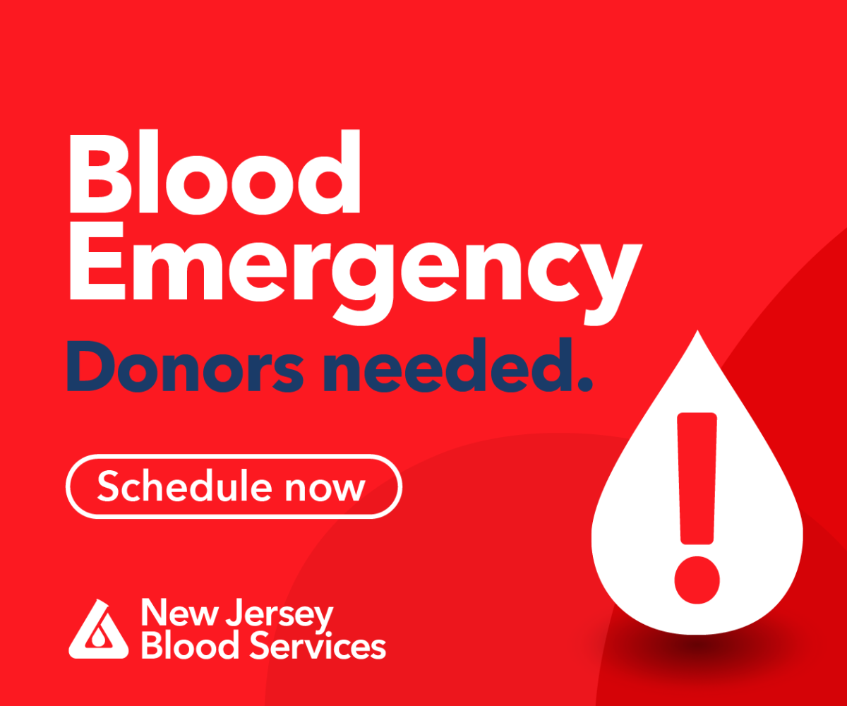 Blood Emergency. Donors needed. Schedule now. Logo: New Jersey Blood Services