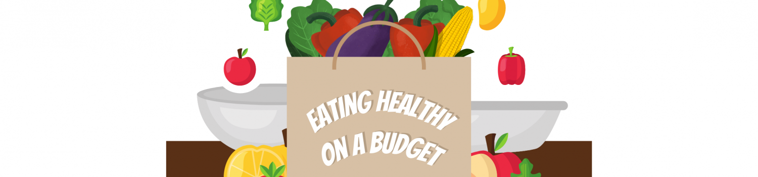 A brown paper bag full of fruits and vegetables with "Eating Healthy on a Budget" written on it, set on top of a table with a pair of bowls catching all kinds of fruits and veggies.