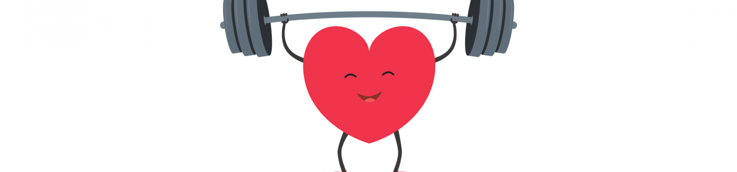 A smiling anthropomorphic heart lifting a barbell weight.