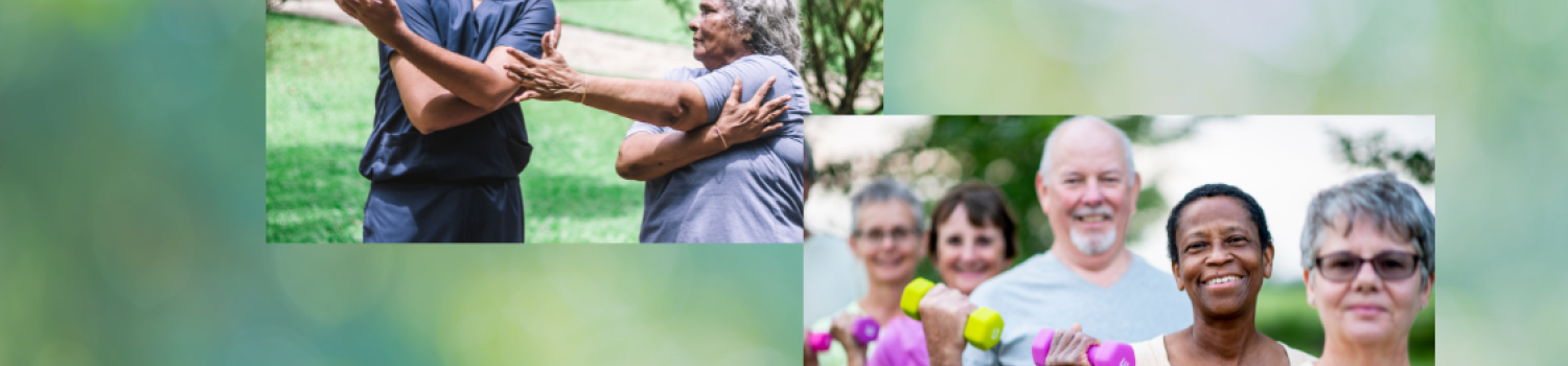 groups of seniors exercising together and with a healthcare provider