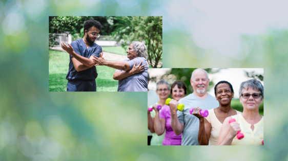 groups of seniors exercising together and with a healthcare provider